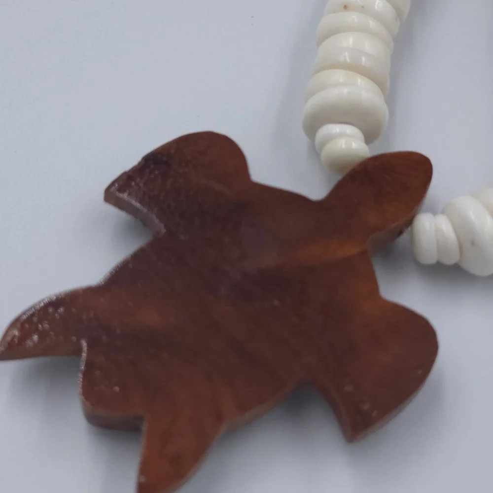 Puka Shell Necklace Hand Carved Wood Sea Turtle Pendant Brown White